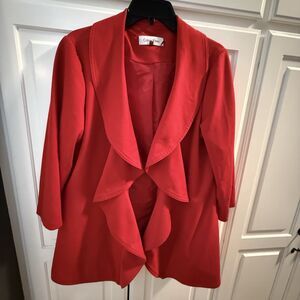 Calvin Klein bright red waterfall ruffle open front cardigan blazer women's 16